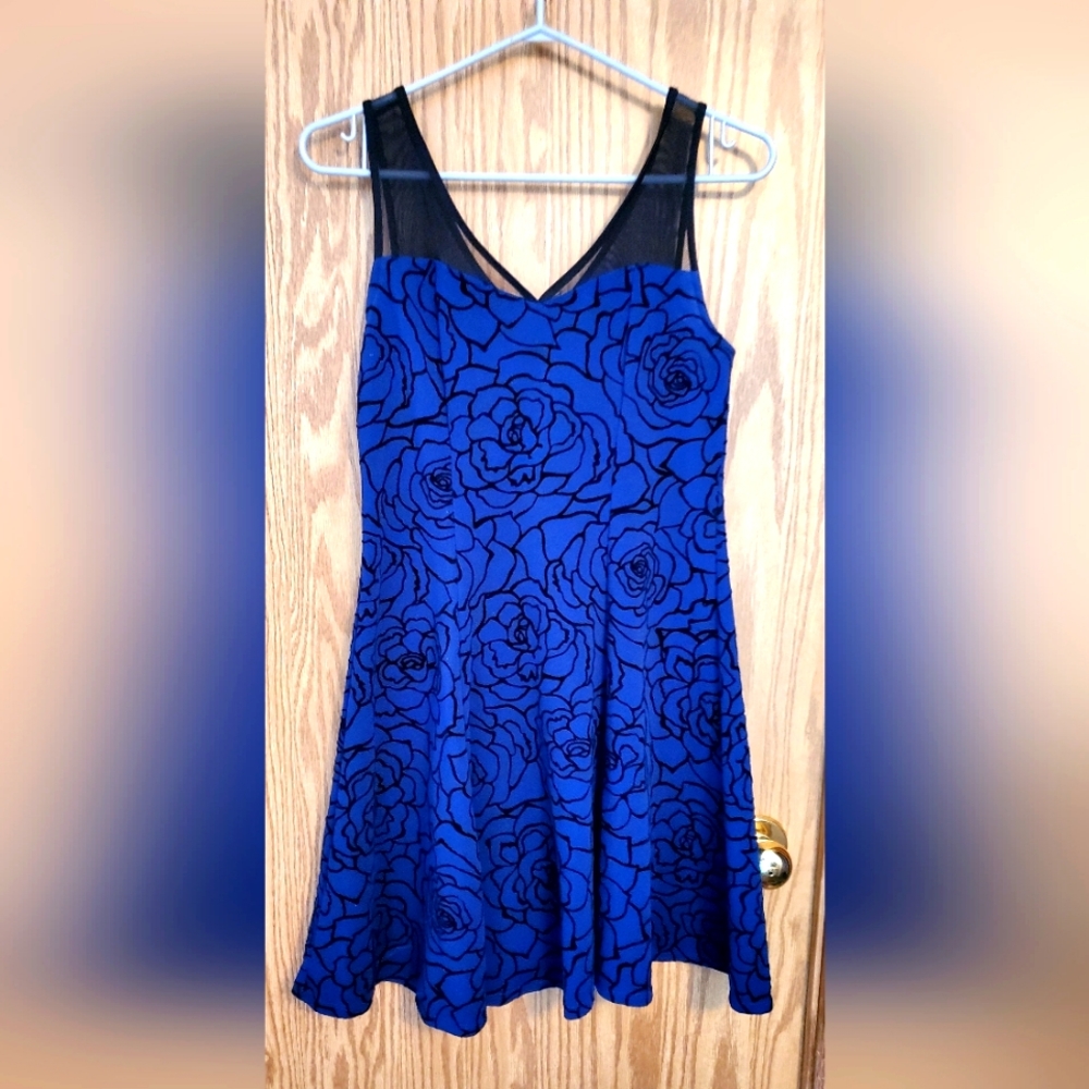 Trixxi Floral Fit-and-Flare Formal Dress Size Medium Blue Roses Above Knee